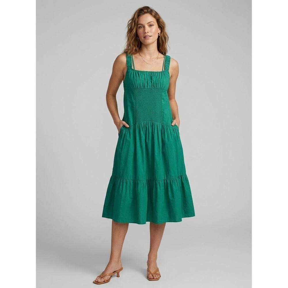NWT Anthropologie Celandine Green Smocked Open Back Cotton Midi Dress Size XL